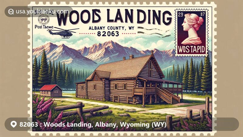 Modern illustration of Woods Landing, Albany County, Wyoming, depicting a historical dance hall with Scandinavian heritage, set against lush greenery and mountains of Medicine Bow National Forest, featuring vintage-style postal card with ZIP code 82063.