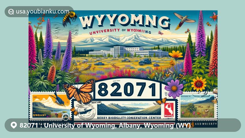 Modern illustration of Albany, Wyoming, highlighting University of Wyoming's ZIP code 82071 area with Berry Biodiversity Conservation Center, showcasing native flora like Penstemon and Indian Paintbrush gardens, along with symbols of Wyoming's biodiversity.