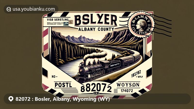 Modern illustration of Albany County, Wyoming, merging Bosler's history and postal theme, with Union Pacific Steam Engine 535 against scenic backdrop of Laramie River and mountains, framed by airmail envelope with Wyoming state flag stamp and ZIP code 82072.