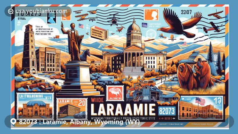 Modern illustration of Laramie, Wyoming, showcasing iconic landmarks like Ames Monument, Lincoln Monument, University of Wyoming Art Museum, and more, in an air mail envelope design with ZIP code 82073.