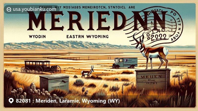 Modern illustration of Meriden, Wyoming, exhibiting high plains desert landscape, local wildlife like pronghorn antelope, and vintage postal theme with Cheyenne connection.