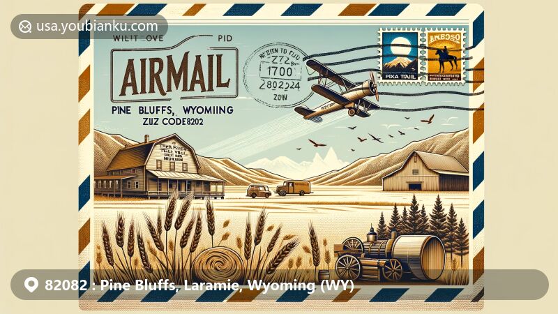 Modern illustration of Pine Bluffs, Laramie County, Wyoming, inspired by airmail envelope and postcard design, highlighting ZIP code 82082 with Texas Trail Museum and agricultural elements.