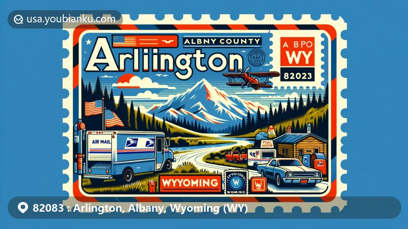 Modern illustration of Arlington, Albany County, and Wyoming, showcasing postal theme with ZIP code 82083 and featuring landmarks like Snowy Range and Vedauwoo, highlighting outdoor adventure opportunities.