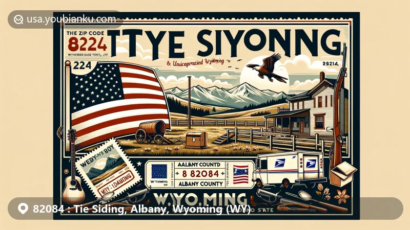 Modern illustration of Tie Siding, Albany County, Wyoming, featuring postal theme with ZIP code 82084, showcasing rural landscape, Wyoming state flag, and vintage postcard design.