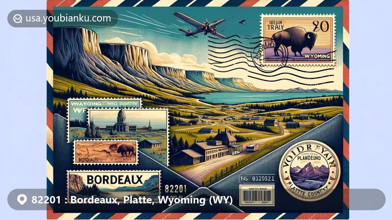 Modern illustration of Bordeaux, Platte County, Wyoming, highlighting postal theme with ZIP code 82201, featuring vintage air mail envelope, Oregon Trail Ruts, Register Cliff, and Wyoming state silhouette.