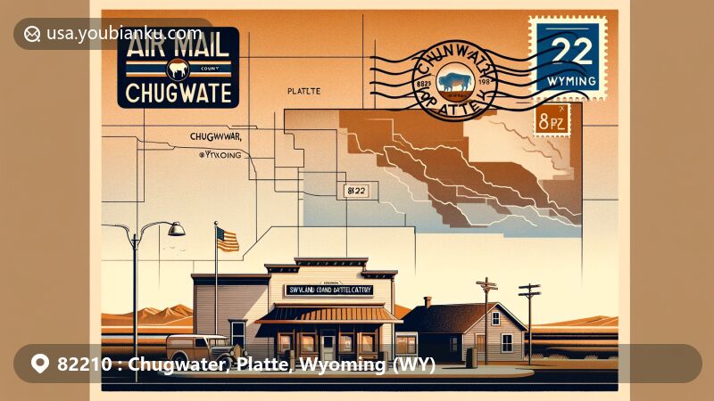 Modern illustration of Chugwater, Platte County, Wyoming, capturing the essence of postal theme with ZIP code 82210, featuring iconic landmarks like the Chugwater Soda Fountain and Swan Land and Cattle Company Headquarters.