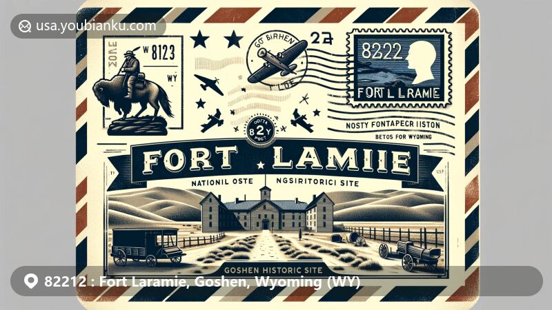 Modern illustration of Fort Laramie, Goshen, Wyoming, featuring the Fort Laramie National Historic Site and symbols of western expansion, with vintage airmail theme and Wyoming state flag.