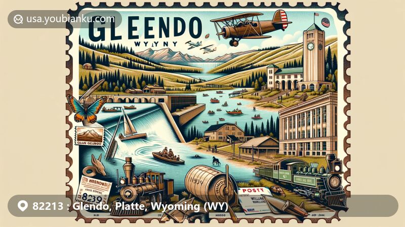Modern illustration of Glendo area in Platte County, Wyoming, showcasing postal theme with ZIP code 82213, featuring historical trails of California, Oregon, and Mormons, along with the story of American train robber William L. Carlisle. Includes elements of Glendo State Park such as water sports, fishing activities, and surrounding natural environment.