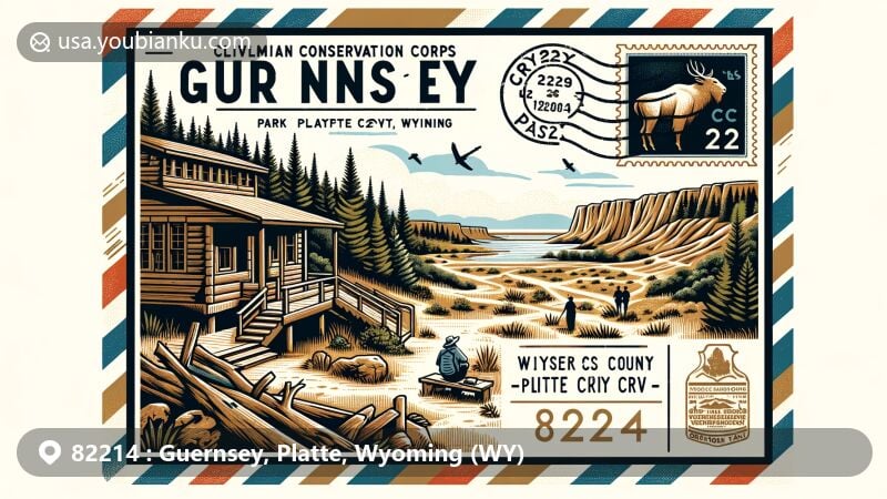 Modern illustration of Guernsey, Platte County, Wyoming, portraying a creative postcard design with ZIP code 82214, showcasing Guernsey State Park and Oregon Trail Ruts, blending vintage postal elements and modern techniques.