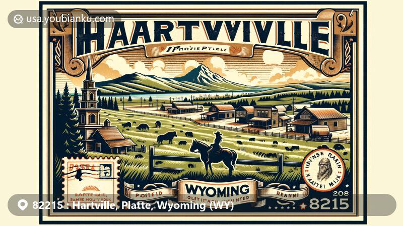 Vintage illustration of Hartville, Wyoming, ZIP code 82215, featuring historic Boot Hill, Kindness Ranch, and iconic Platte County scenery.