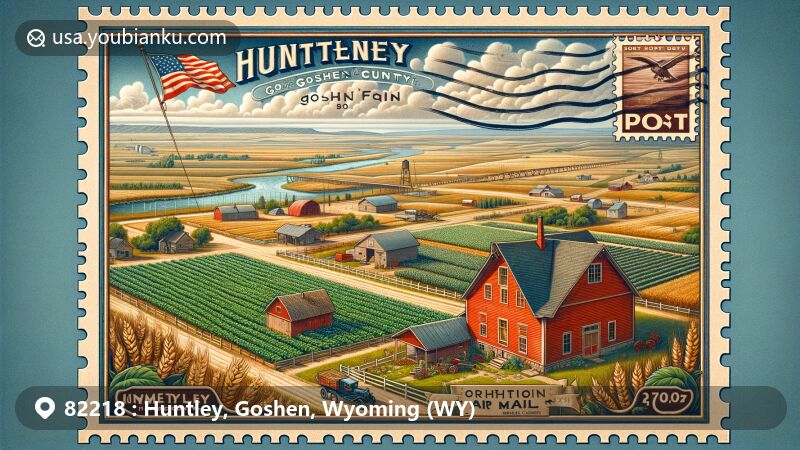 Modern illustration of Huntley, Goshen County, Wyoming, blending rural and historical elements with postal theme for ZIP code 82218, featuring a vintage air mail envelope with classic red barn, homestead, diverse crops, and traditional post office.