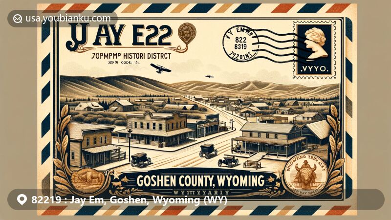 Modern illustration of Jay Em, Goshen County, Wyoming, capturing the historic essence of the Jay Em Historic District, founded in 1915 with a post office by Lake Harris. The image showcases early 20th-century architecture, including a general store, bank, and lumber yard, reflecting the community's spirit and postal history.