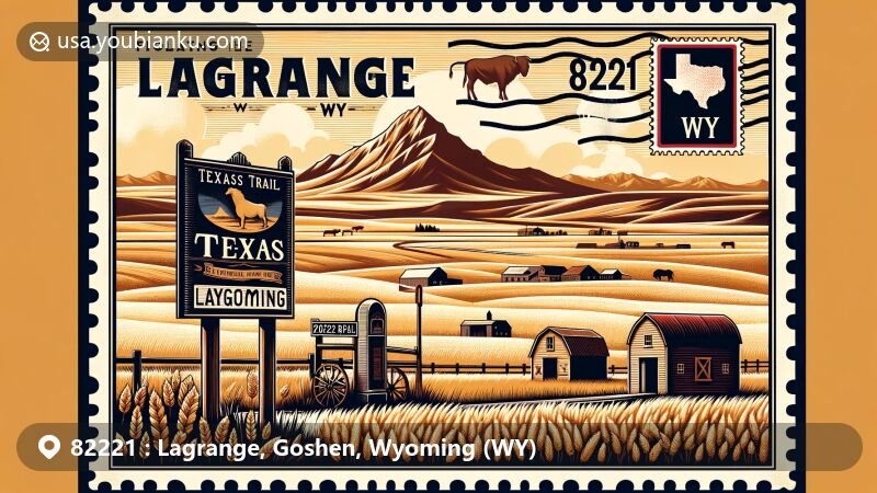Modern illustration of Lagrange, Wyoming, highlighting postal theme with ZIP code 82221, featuring Texas Trail historical marker, wheat fields, ranches, Bear Mountain silhouette, vintage postcard, postage stamp, postal cancellation mark, and antique mailbox.