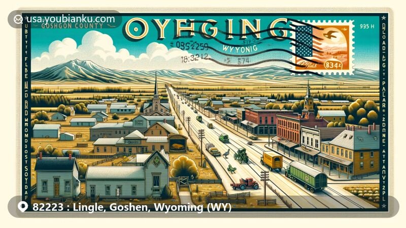 Modern illustration of Lingle, Goshen County, Wyoming, showcasing town's community spirit, Oregon Trail connection, rural heritage, and postal theme with ZIP code 82223, featuring vintage postcard elements.