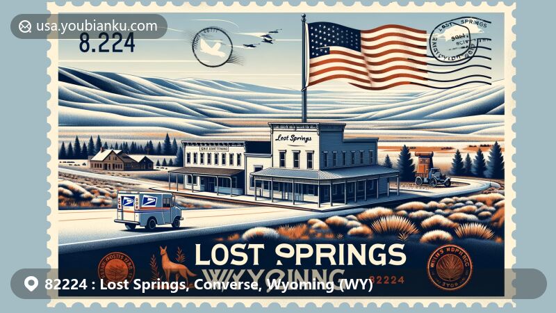 Modern illustration of Lost Springs, Converse County, Wyoming, depicting semi-arid High Plains landscape with ZIP code 82224, featuring historical general store and post office.