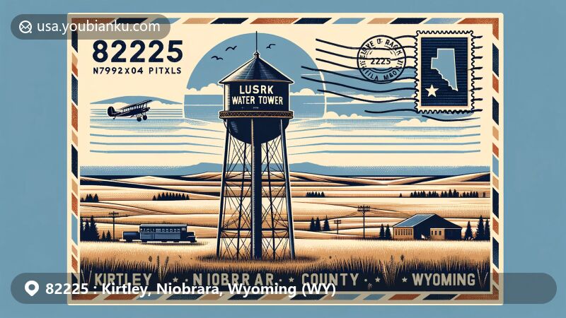 Vintage-style illustration of Kirtley, Niobrara County, Wyoming, showcasing postal theme with ZIP code 82225, featuring Lusk Water Tower and Cheyenne-Black Hills Stage Route.