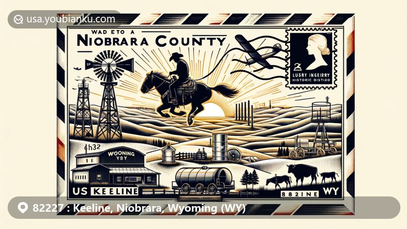 Vintage-style illustration of Keeline, Niobrara County, Wyoming, showcasing air mail envelope theme with iconic landscapes, oil derricks, and cowboy silhouette.
