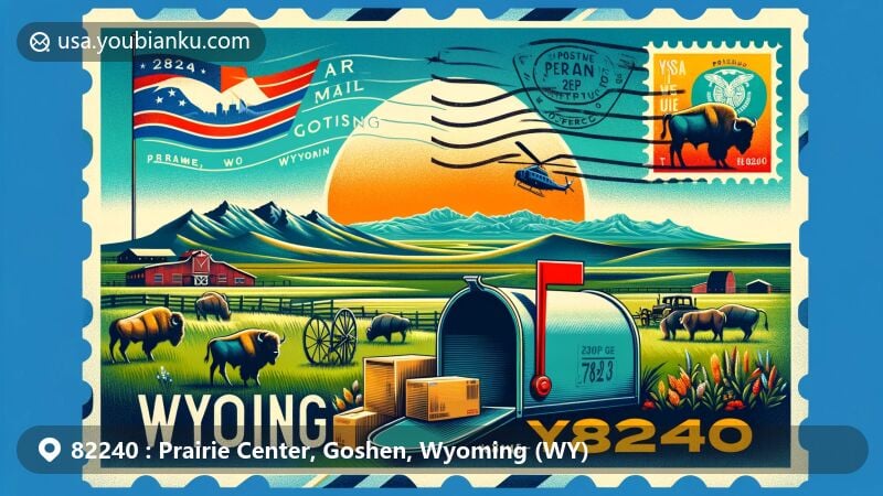 Modern illustration of Prairie Center, Goshen County, Wyoming, showcasing postal theme with ZIP code 82240, featuring Wyoming state flag on postage stamp and rural landscape elements.