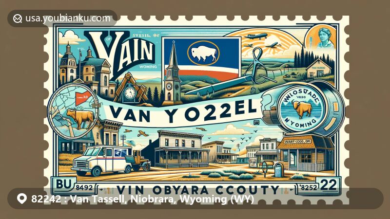 Modern illustration of Van Tassell, Niobrara County, Wyoming, showcasing postal theme with ZIP code 82242, featuring Wyoming state flag, Niobrara County outline, Van Tassell landmarks, and postal service nostalgia.