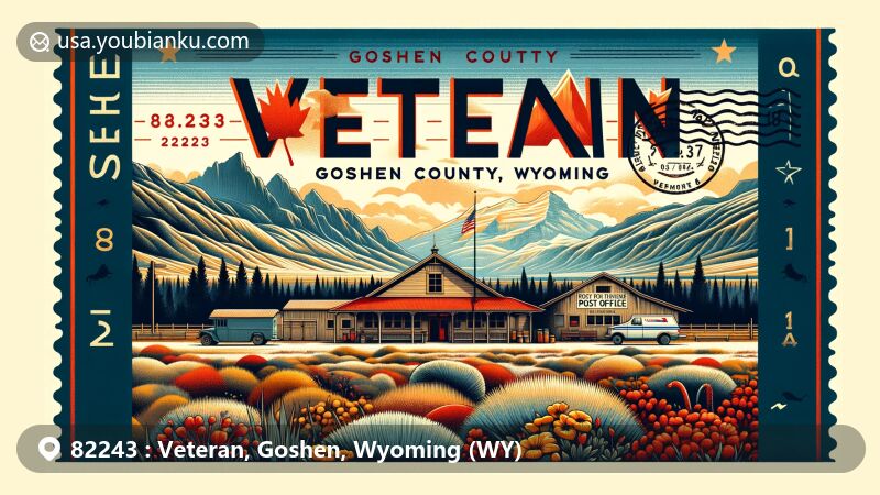 Modern illustration of Veteran, Goshen County, Wyoming, showcasing ZIP code 82243, featuring McKinley's Market & Post Office, Wyoming's natural beauty, and state symbols.