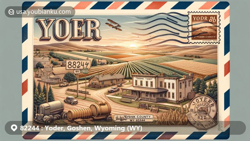 Modern illustration of Yoder, Goshen County, Wyoming, featuring postal charm with ZIP code 82244, showcasing town's landscape in retro airmail envelope design, highlighting agriculture heritage and scenic beauty.
