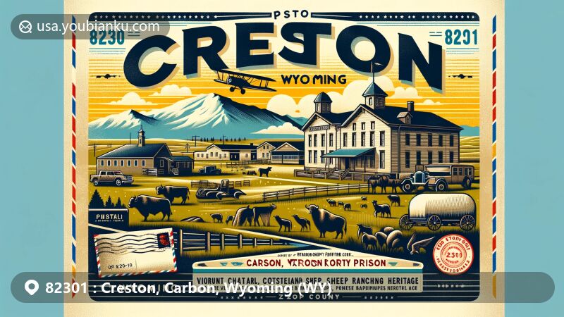 Modern illustration of Creston, Carbon County, Wyoming, featuring ZIP code 82301, showcasing historical and geographical elements, including Wyoming Frontier Prison and Wyoming state symbols.