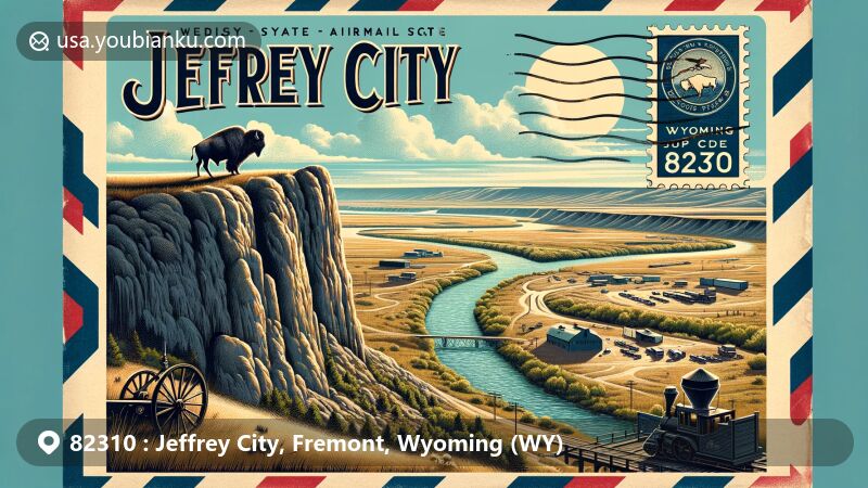 Modern illustration of Jeffrey City, Wyoming, featuring vintage airmail envelope with ZIP code 82310 and iconic landmarks like Split Rock and Sweetwater River.