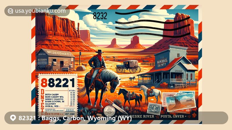 Modern illustration of Baggs, Carbon County, Wyoming, showcasing postal theme with ZIP code 82321, featuring Red Desert, wild horses, Little Snake River Museum, and historical elements related to Butch Cassidy.