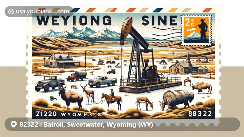 Modern illustration of Bairoil, Wyoming, highlighting postal theme with ZIP code 82322, featuring Great Divide Basin, antelopes, wild horses, and historical oil pumps.
