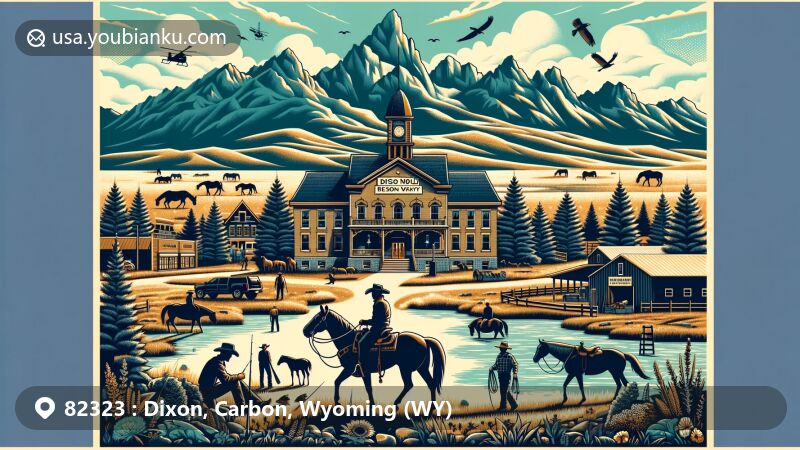 Modern illustration of Dixon, Wyoming, in Carbon County, showcasing western charm and natural beauty, featuring the Dixon Town Hall, cowboy silhouette at the Little Snake River Valley Rodeo, Sierra Madre Mountains, and outdoor recreational activities like horseback riding and hiking.