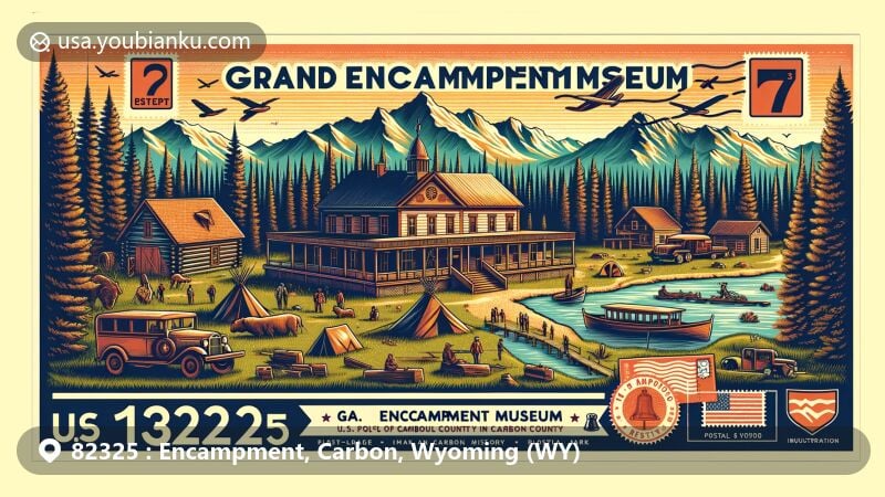 Modern illustration of Encampment, Wyoming, highlighting Grand Encampment Museum and town's history in timber, mining, and agriculture, with elements of natural beauty like mountains, forests, and plains. Features camping, fishing, hiking, and postal theme with vintage postcard, stamp, postal mark, and mailbox.