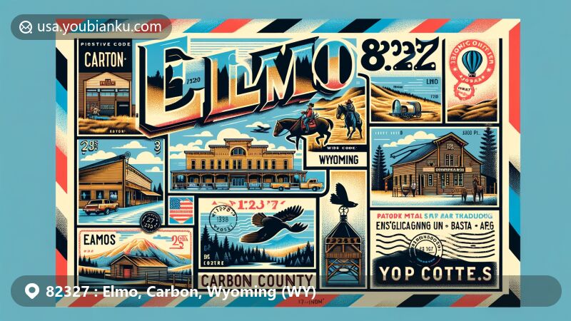 Modern illustration of Elmo area in Carbon County, Wyoming, featuring ZIP code 82327, showcasing Hanna Basin Museum and Seminoe State Park, with vintage airmail envelope and postage stamp design.