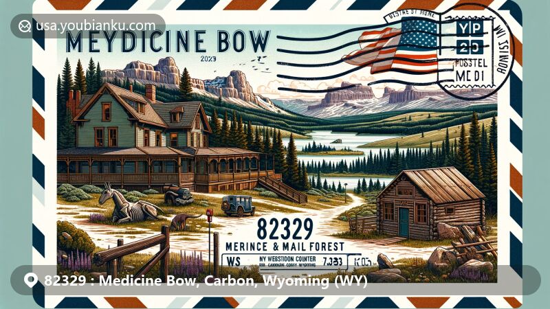 Vintage-style illustration of Medicine Bow, Wyoming, in Carbon County, showcasing postal theme with ZIP code 82329, featuring Virginian Hotel, Medicine Bow National Forest, Dinosaur Cabin, and Wyoming state symbols.