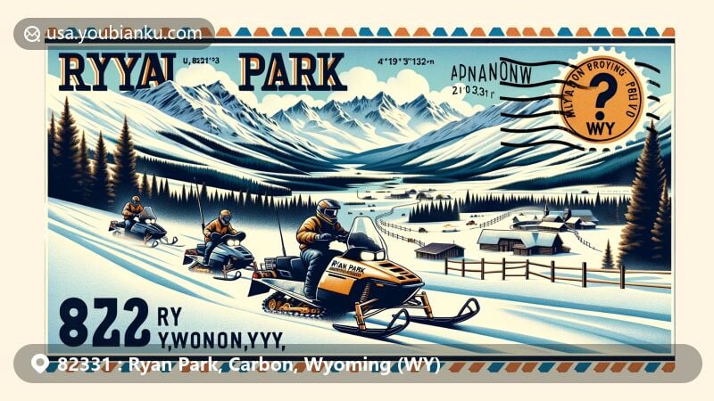 Modern illustration of Ryan Park, Carbon, Wyoming, showcasing winter snowmobiling scene within Medicine Bow–Routt National Forest. Includes snow-covered landscapes, snowmobiles, and vintage postal theme with air mail envelope frame, custom postage stamp, and Wyoming state flag.