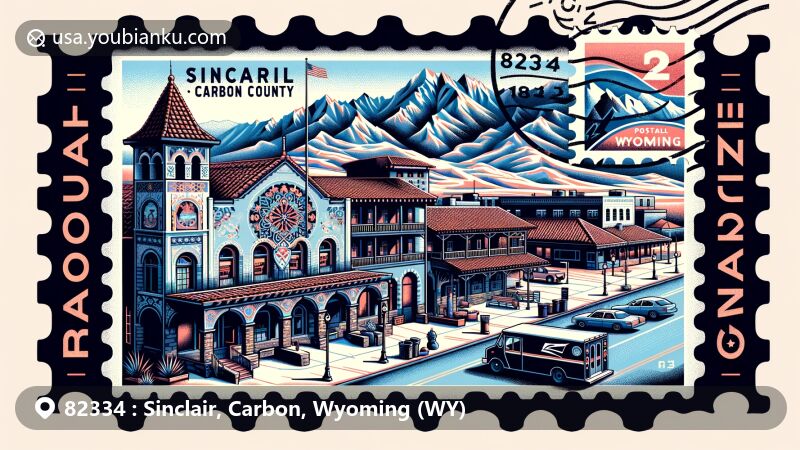 Modern illustration of Sinclair, Carbon County, Wyoming, depicting Spanish-style buildings, mountains, and postal elements, featuring ZIP code 82334 and Wyoming state symbols.