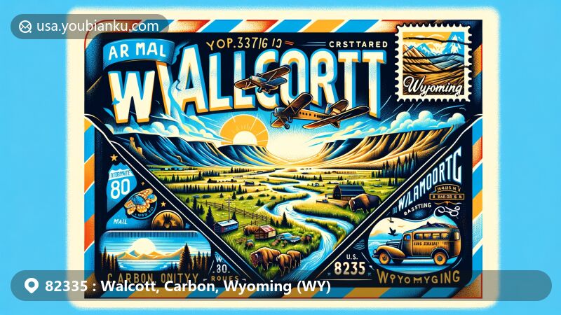Modern illustration of Walcott, Carbon County, Wyoming, styled as an air mail envelope to honor postal heritage, featuring picturesque landscape, town's elevation, and proximity to major roads.