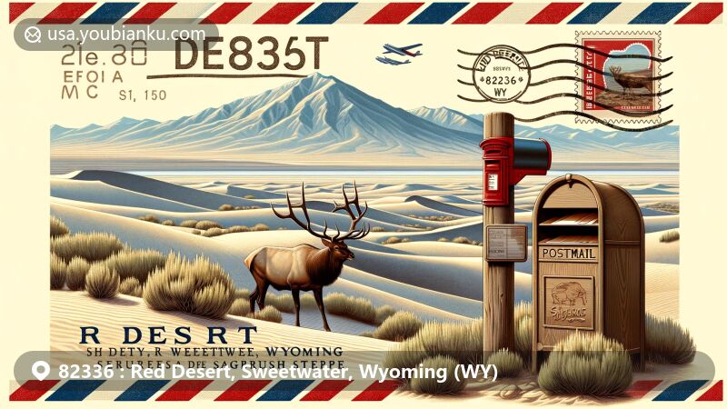 Modern illustration of ZIP Code 82336, Red Desert, Sweetwater County, Wyoming, featuring Killpecker Sand Dunes and Steamboat Mountain, showcasing desert elk and a vintage-style postal envelope with postcard displaying local scenery and ZIP Code '82336' design elements.