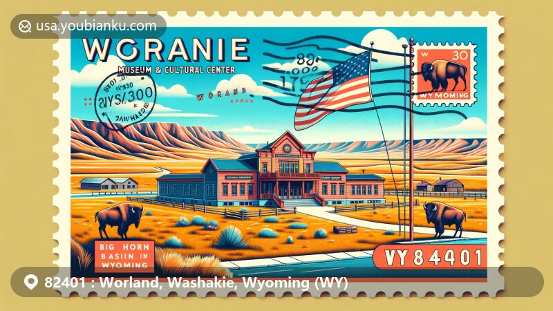 Creative postcard illustration of Washakie Museum & Cultural Center in Worland, Wyoming, set against Big Horn Basin's geography, with Wyoming state flag. Features 'Worland, WY 82401' text, stamp, postmark, and blended ZIP code '82401', in modern style with vibrant colors.