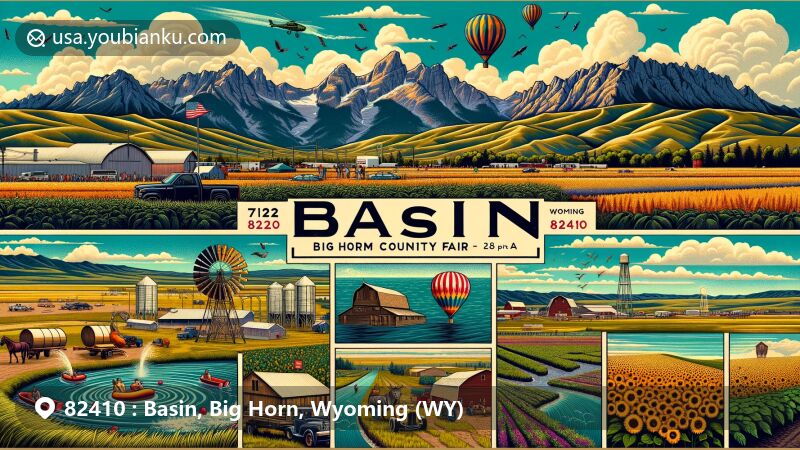 Modern illustration of Basin, Wyoming, with ZIP code 82410, featuring Big Horn County Fair, diverse climate, geographical landmarks like Bighorn Mountains and Absaroka Range, agricultural scene, historical references, and iconic Basin post office.