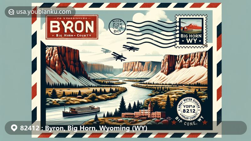 Modern illustration of Byron, Wyoming, showcasing red and white cliffs above the Bighorn River and Great Western Sugar factory, with vintage postal elements like airmail envelope, postage stamp, and postmark.