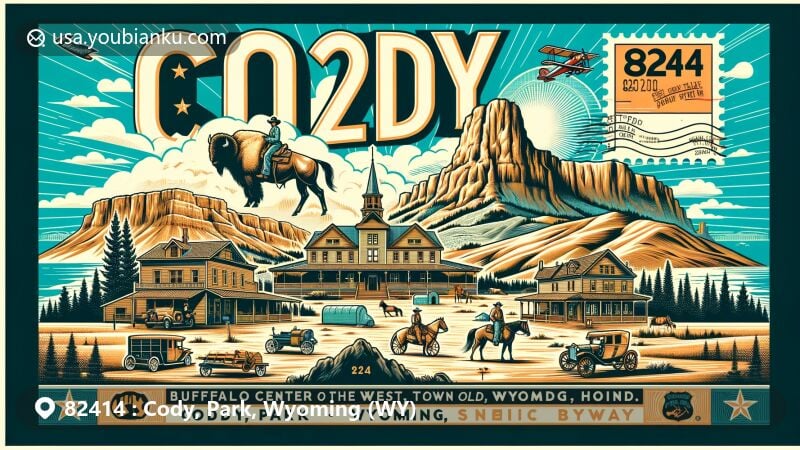 Modern illustration of Cody, Park, Wyoming, featuring iconic Buffalo Bill Center of the West, Old Trail Town, Cody Night Rodeo, Irma Hotel, and Chief Joseph Scenic Byway, set against semi-arid landscape. Vintage postcard design with ZIP code 82414.