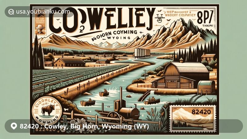 Modern illustration of Cowley, Wyoming, ZIP code 82420 in Big Horn County, showcasing pioneer theme and connection to water and agriculture, featuring Sidon Canal and vintage postcard design elements.