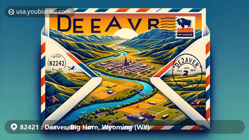 Modern illustration of Deaver, Big Horn County, Wyoming, with postal theme showcasing ZIP code 82421, featuring state flag stamps and natural landscape elements.