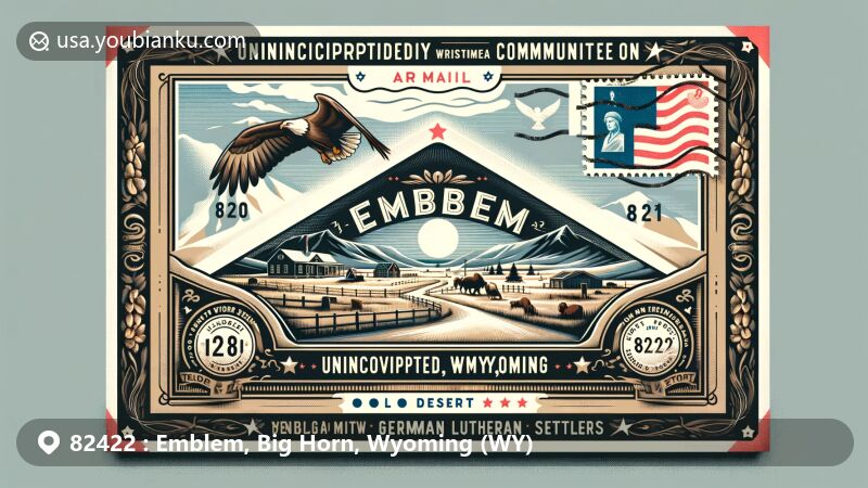 Modern illustration of Emblem, Big Horn County, Wyoming, highlighting postal theme with ZIP code 82422, featuring German Lutheran settlers history and cold desert climate.