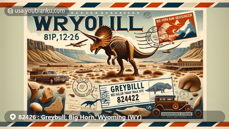 Modern illustration of Greybull, Big Horn, Wyoming, highlighting postal theme with ZIP code 82426, featuring Red Gulch Dinosaur Track site, Big Horn Basin GeoScience Center, Big Horn Mountains, and Wyoming state flag.