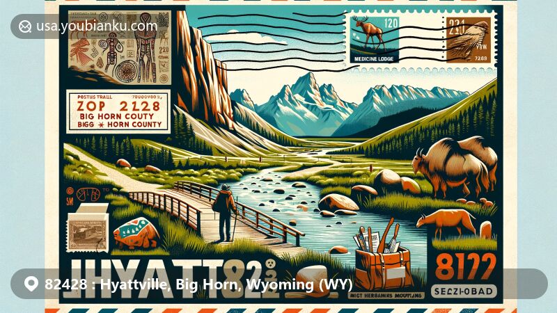 Modern illustration of Hyattville, Big Horn County, Wyoming, blending natural and postal themes with ZIP code 82428. Features include Big Horn Mountains landscape and Medicine Lodge Archaeological Site.
