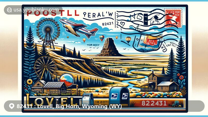 Modern illustration of Lovell, Wyoming, highlighting postal theme with Bighorn Canyon National Recreation Area and Big Horn Medicine Wheel. Featuring ZIP code 82431, postage stamp, postmark, and mailbox, emphasizing natural beauty and postal tradition.
