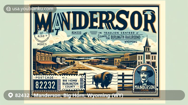 Modern illustration of Manderson, Wyoming, showcasing postal theme with ZIP code 82432, featuring Bighorn Mountains and Manderson town.