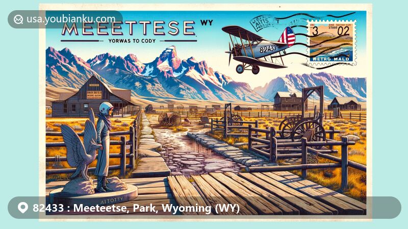 Modern illustration of Meeteetse, Wyoming, showcasing aviation-themed memorial to Amelia Earhart, Absaroka Mountains, and historic town charm with wooden boardwalks and vintage airmail envelope.