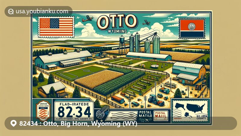 Modern illustration of Otto, Wyoming, focusing on agricultural community with flood-irrigated fields growing corn, sugar beets, beans, and grains, featuring park scene with baseball diamond, soccer field, playground, and picnic area.